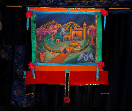 Home Sweet Home Acrylic painting 1ft 7in by 1ft 11in within a tapestry extending it to 2ft 7in by 3ft 1in